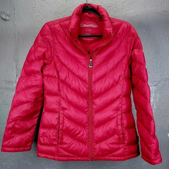 Calvin Klein Puffer Jacket Women's Sm Premium Down Packable Quilted Red Full Zip - Picture 1 of 16